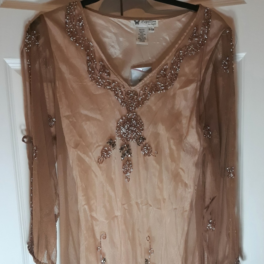 Papillon Sheer Stretched Tulle Beaded Copper Dress